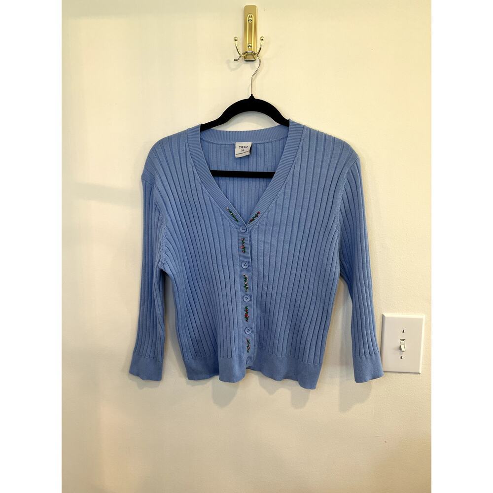Cielo Blue Ribbed Button Cardigan XL Soft Stretch Y2K Coquette Sweater Top